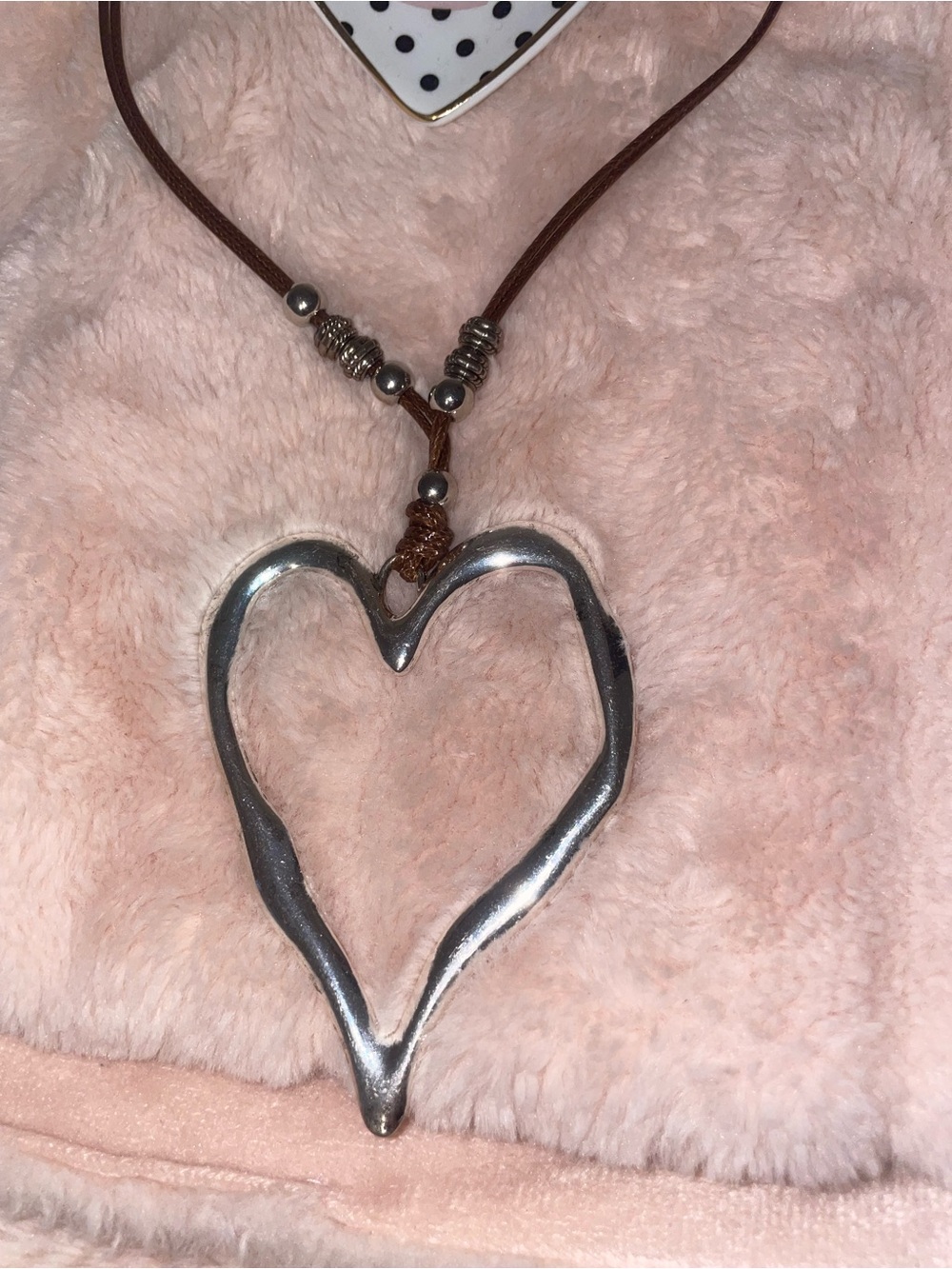 Silver Heart Pendant Necklace with Brown Cord